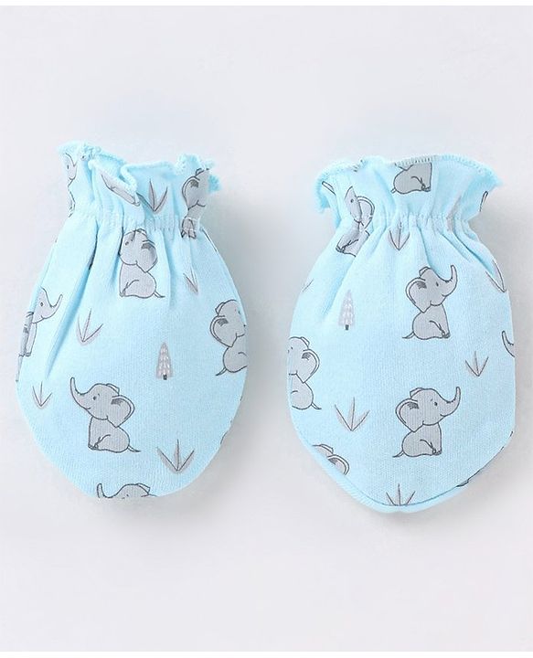 Babyhug 100% Cotton Mittens and Booties Elephant Print - Blue