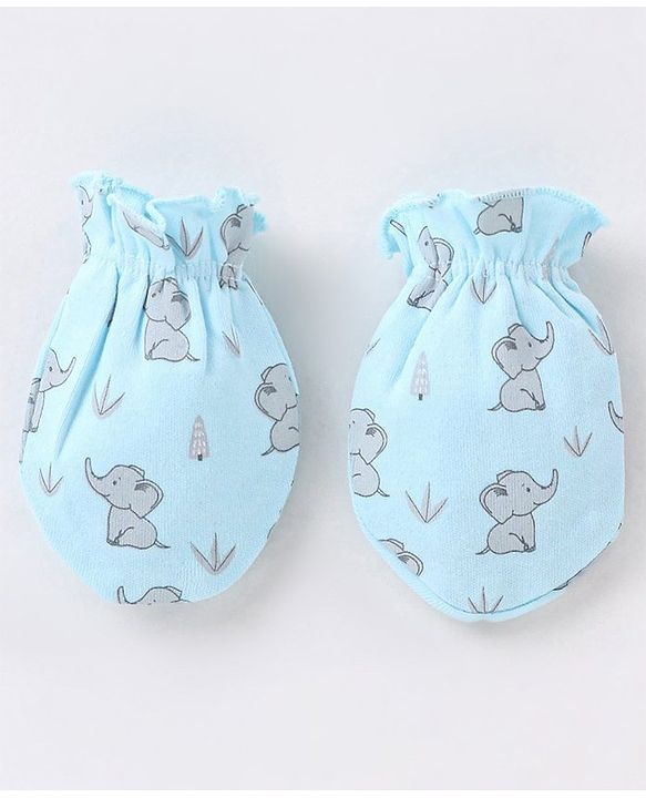 Babyhug 100% Cotton Mittens and Booties Elephant Print - Blue