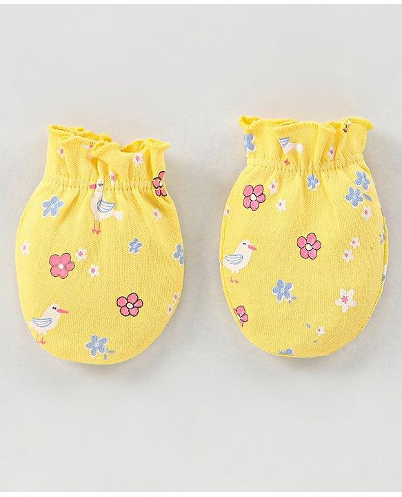 Babyhug 100% Cotton Mittens & Booties Set Floral Print - Yellow