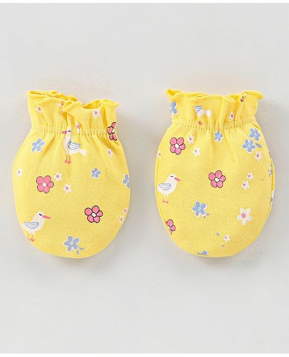 Babyhug 100% Cotton Mittens & Booties Set Floral Print - Yellow