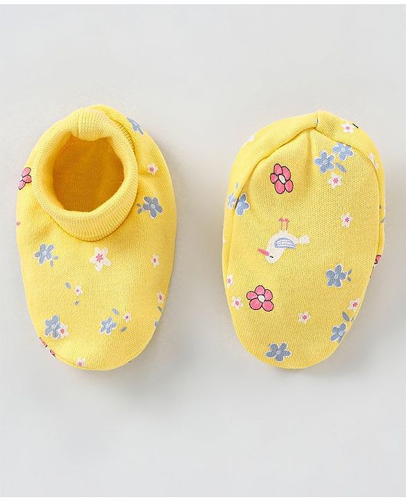 Babyhug 100% Cotton Mittens & Booties Set Floral Print - Yellow