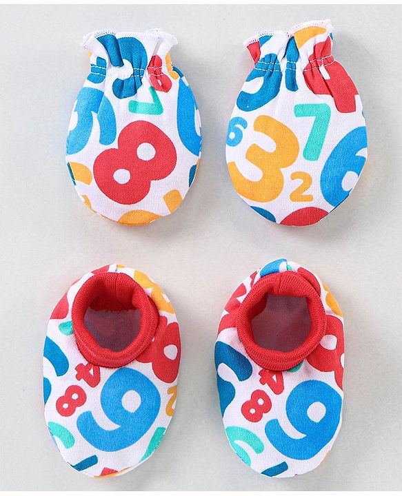 Babyhug 100% Cotton Mittens & Booties Set Numbers Print - Red & White