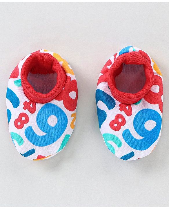 Babyhug 100% Cotton Mittens & Booties Set Numbers Print - Red & White