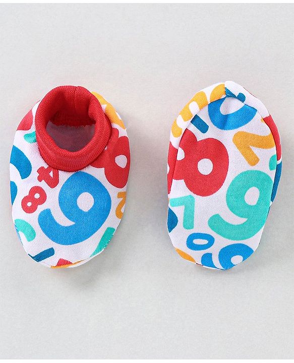 Babyhug 100% Cotton Mittens & Booties Set Numbers Print - Red & White