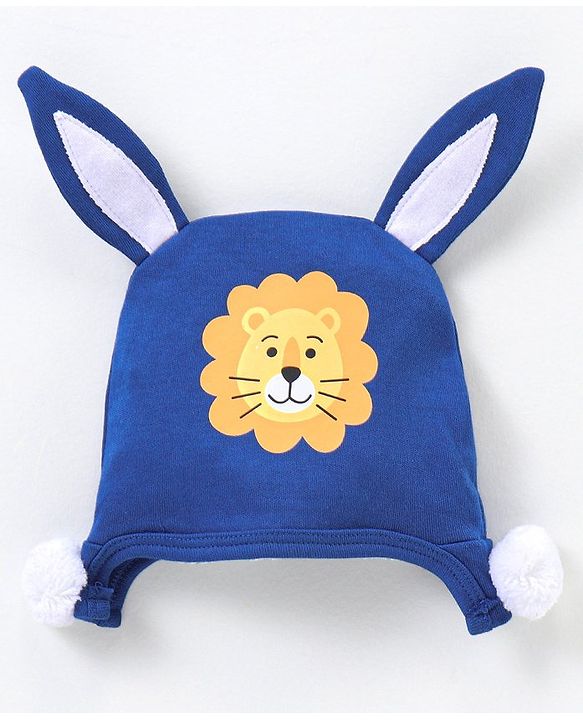 Babyhug 100% Cotton Knit Cap with Lion Print & Ears Applique - Navy