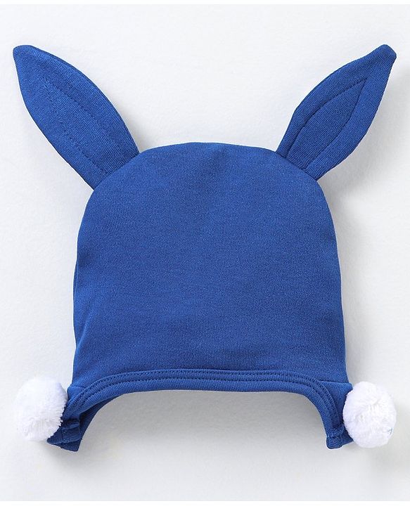 Babyhug 100% Cotton Knit Cap with Lion Print & Ears Applique - Navy