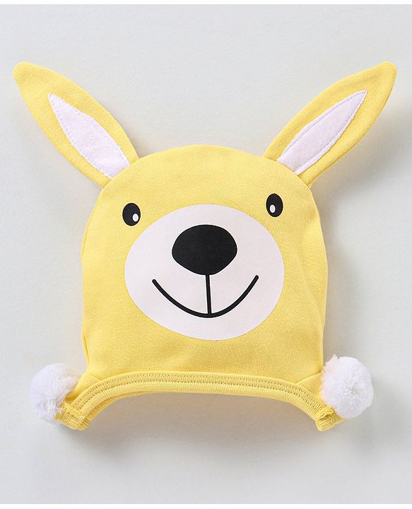 Babyhug 100% Cotton Knit Cap with Deer Print & Ears Applique - Yellow