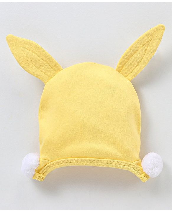 Babyhug 100% Cotton Knit Cap with Deer Print & Ears Applique - Yellow