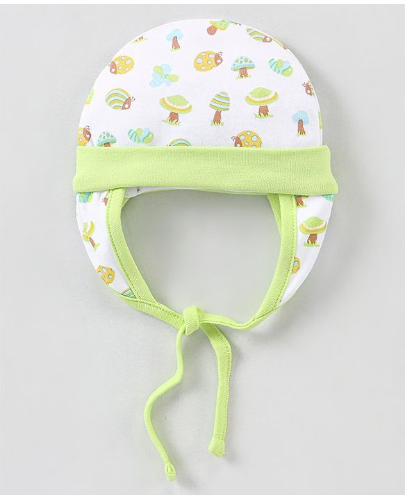 Babyhug 100% Cotton Knit Tie-Knot Cap with Mushrooms & Bugs Print - White & Green