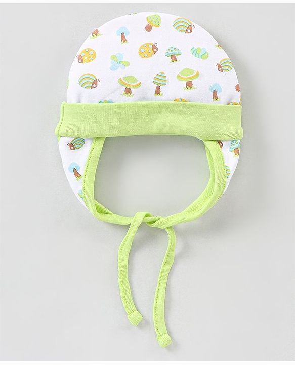 Babyhug 100% Cotton Knit Tie-Knot Cap with Mushrooms & Bugs Print - White & Green