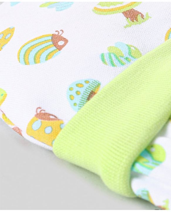Babyhug 100% Cotton Knit Tie-Knot Cap with Mushrooms & Bugs Print - White & Green