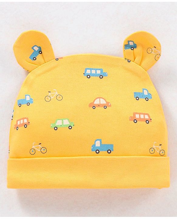 Babyhug 100% Cotton Cap Car Print Yellow - Diameter 9 cm