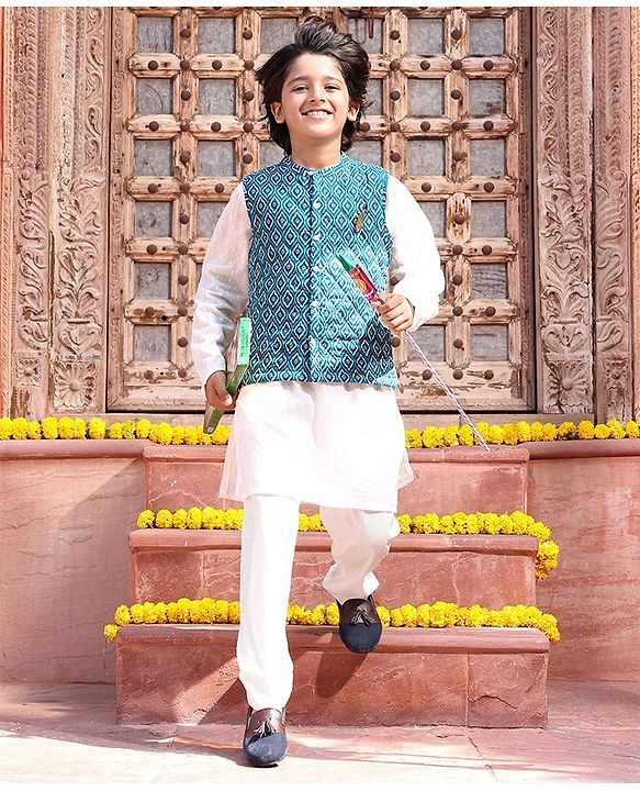 Pine Kids Cotton Full Sleeves Kurta Pyjama Set with Bandi Diamond Print - Blue & White