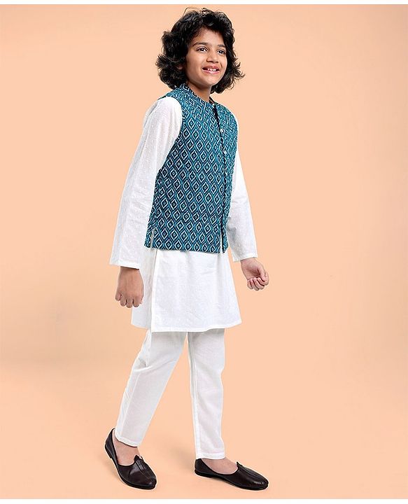 Pine Kids Cotton Full Sleeves Kurta Pyjama Set with Bandi Diamond Print - Blue & White