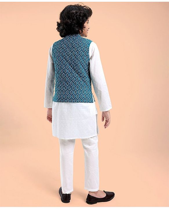 Pine Kids Cotton Full Sleeves Kurta Pyjama Set with Bandi Diamond Print - Blue & White