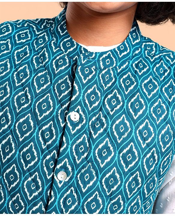 Pine Kids Cotton Full Sleeves Kurta Pyjama Set with Bandi Diamond Print - Blue & White