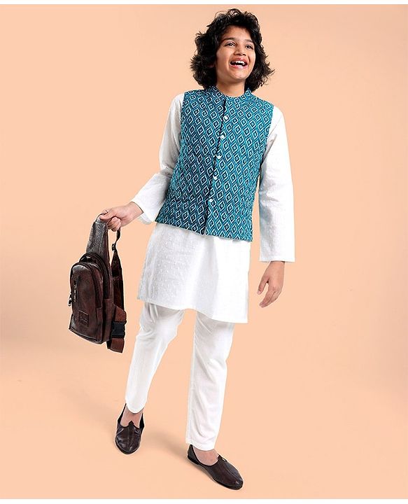 Pine Kids Cotton Full Sleeves Kurta Pyjama Set with Bandi Diamond Print - Blue & White