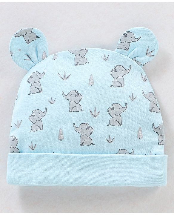 Babyhug 100% Cotton Elephant Print With Ear Applique Cap Blue - Diameter 10 cm