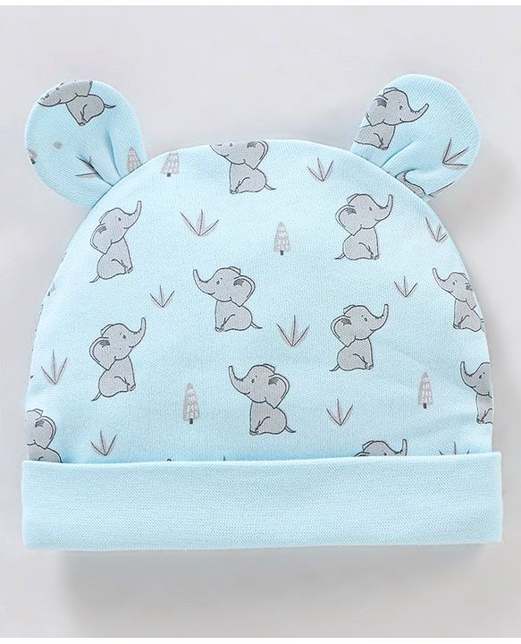 Babyhug 100% Cotton Elephant Print With Ear Applique Cap Blue - Diameter 10 cm