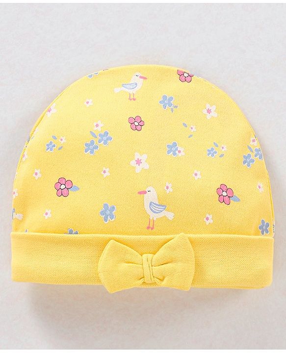 Babyhug 100% Cotton Knit Cap with Floral Print & Bow Applique - Yellow