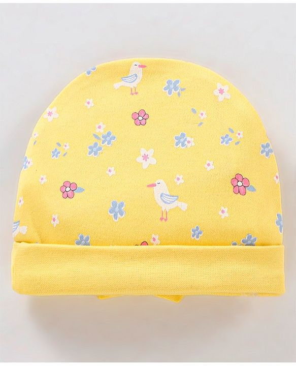 Babyhug 100% Cotton Knit Cap with Floral Print & Bow Applique - Yellow