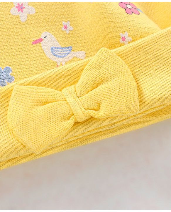 Babyhug 100% Cotton Knit Cap with Floral Print & Bow Applique - Yellow