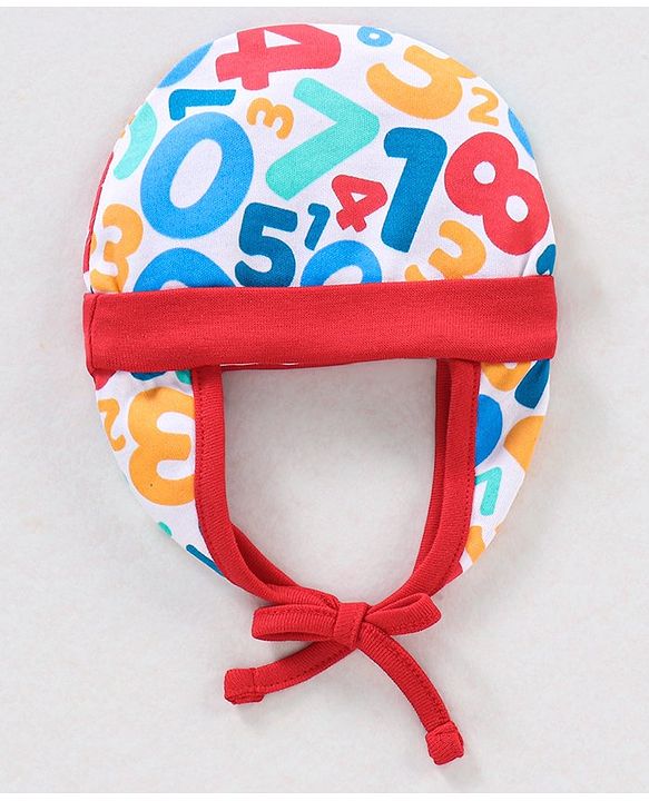 Babyhug 100% Cotton Knit Tie-Knot Cap Numbers Print - Red Blue & White