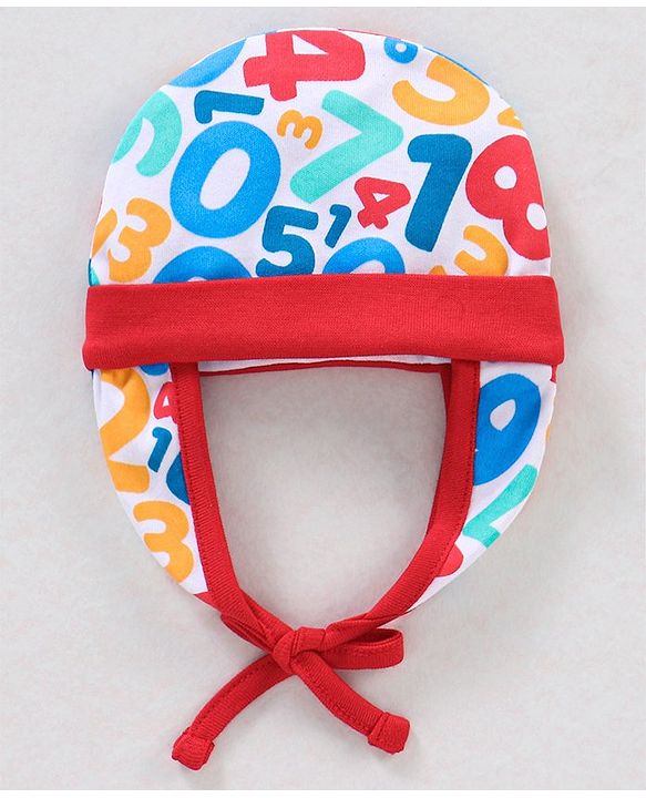 Babyhug 100% Cotton Knit Tie-Knot Cap Numbers Print - Red Blue & White