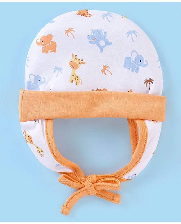 Babyhug 100% Cotton Cap Wild Animal Print White & Orange - Diameter 9.5 cm