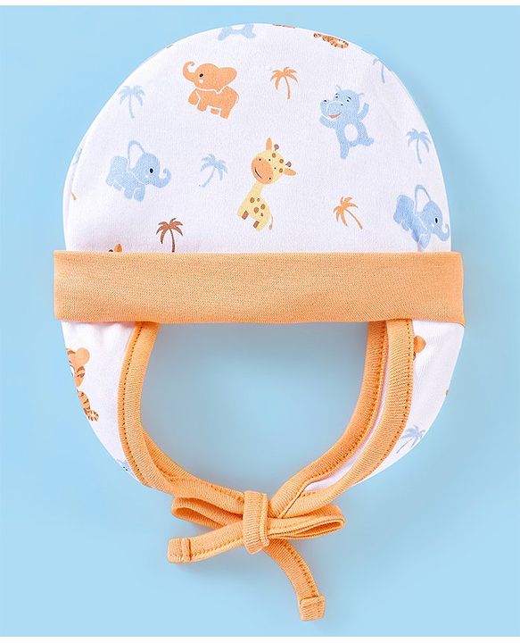 Babyhug 100% Cotton Cap Wild Animal Print White & Orange - Diameter 9.5 cm
