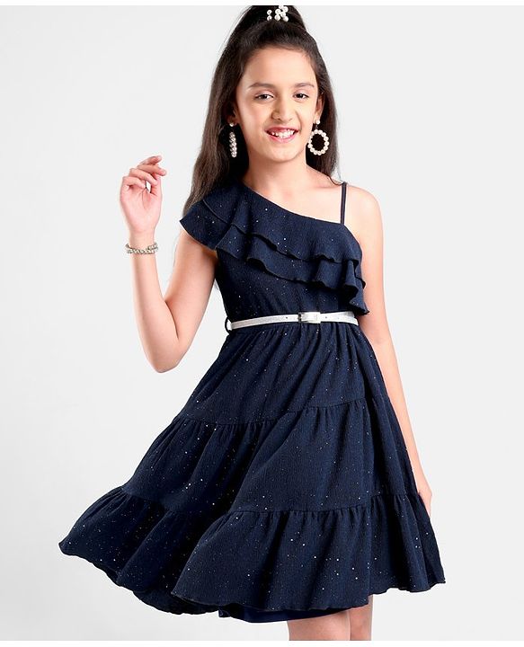 Pine Kids Sleeveless Party Frock With Foil & Glitter Print - Navy Blue