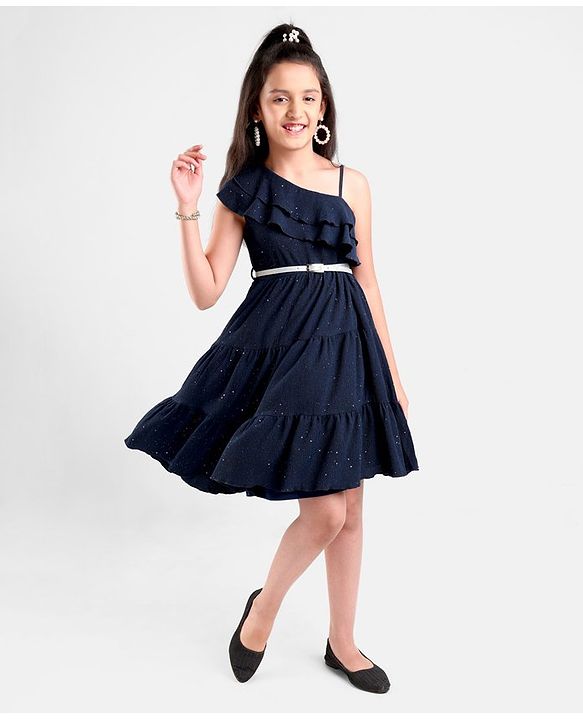 Pine Kids Sleeveless Party Frock With Foil & Glitter Print - Navy Blue