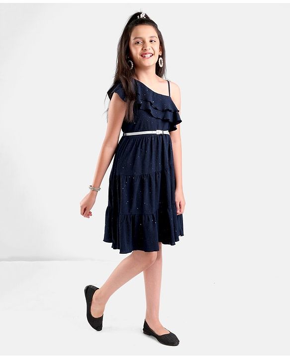 Pine Kids Sleeveless Party Frock With Foil & Glitter Print - Navy Blue