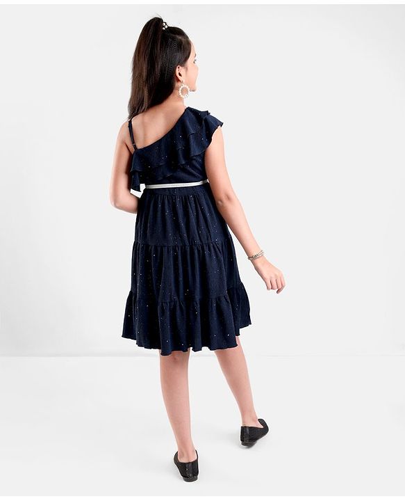 Pine Kids Sleeveless Party Frock With Foil & Glitter Print - Navy Blue
