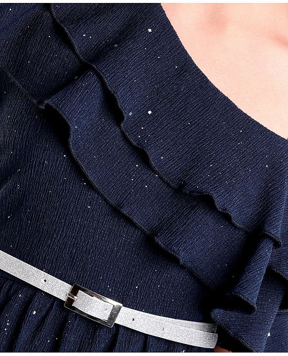 Pine Kids Sleeveless Party Frock With Foil & Glitter Print - Navy Blue