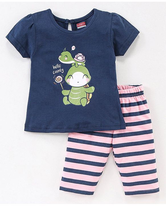 Babyhug Half Sleeves Cotton Capri Night Suit Tortoise Print - Navy Blue & Pink
