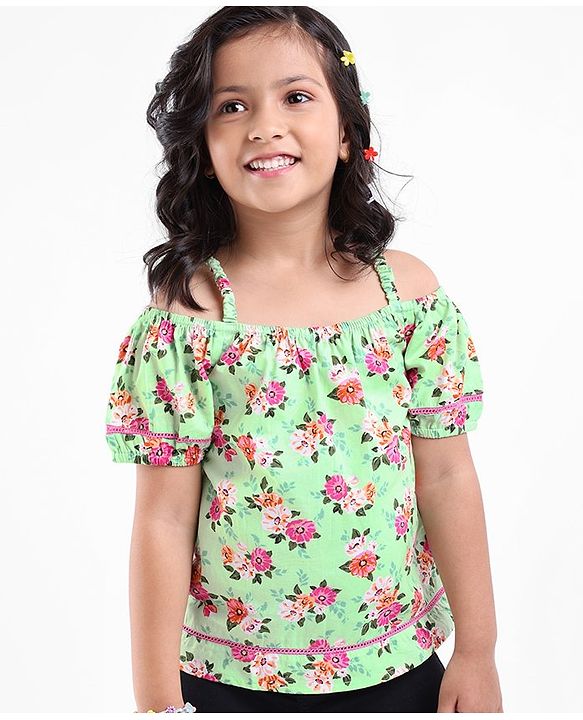 Babyhug 100% Cotton Half Sleeves Cambric Top With Lace & Frill Detailing Floral Print- Green