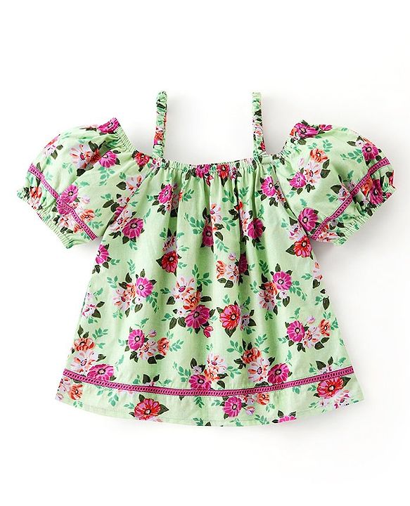 Babyhug 100% Cotton Half Sleeves Cambric Top With Lace & Frill Detailing Floral Print- Green