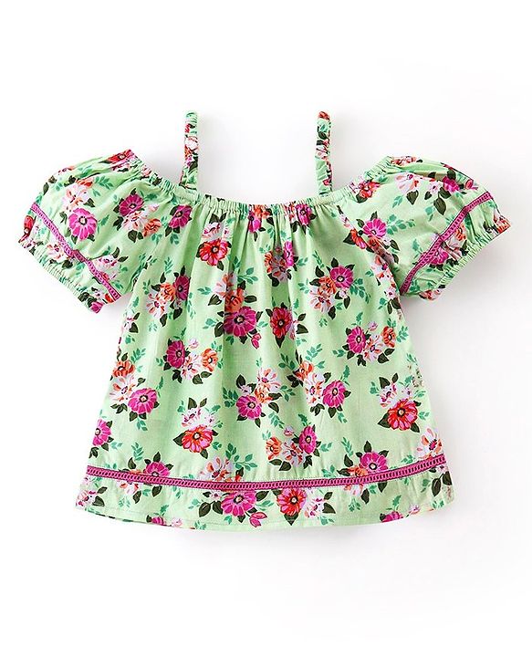 Babyhug 100% Cotton Half Sleeves Cambric Top With Lace & Frill Detailing Floral Print- Green