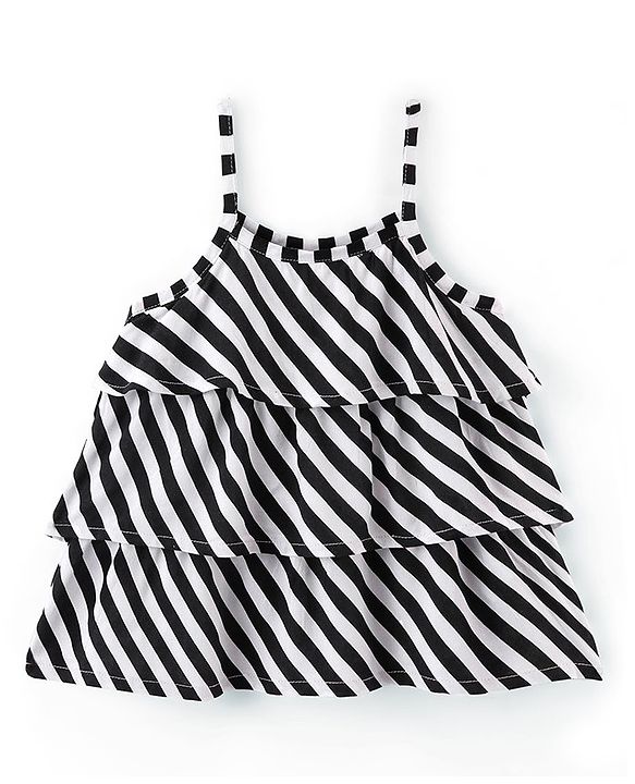 Babyhug 100% Rayon Woven Sleeveless Striped Singlet Layered Top - Black & White
