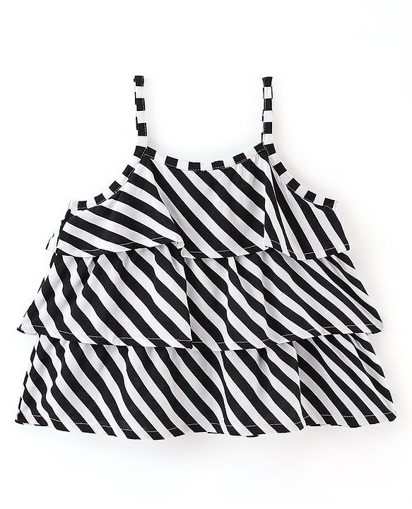 Babyhug 100% Rayon Woven Sleeveless Striped Singlet Layered Top - Black & White