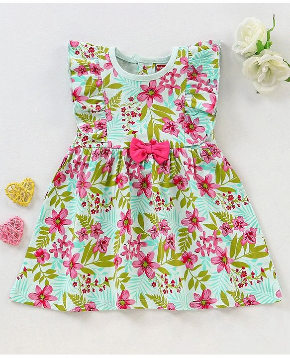 Babyhug 100% Cotton Knit Frock With Bow Applique & Floral Print - Mint