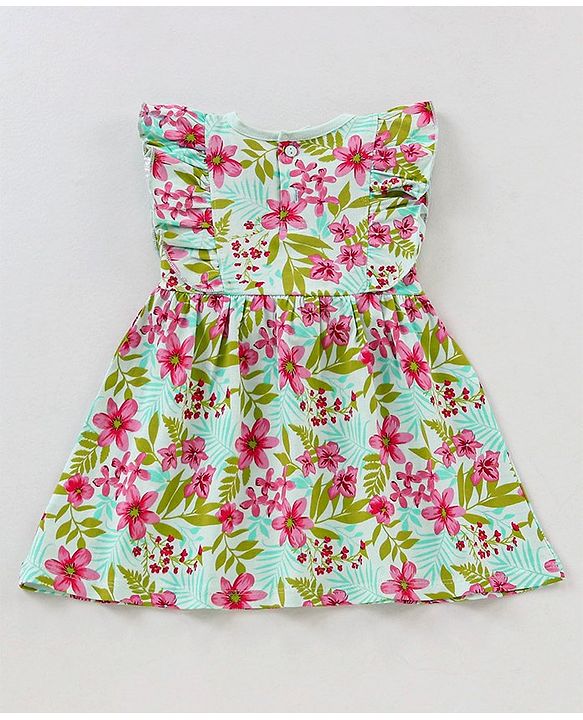 Babyhug 100% Cotton Knit Frock With Bow Applique & Floral Print - Mint