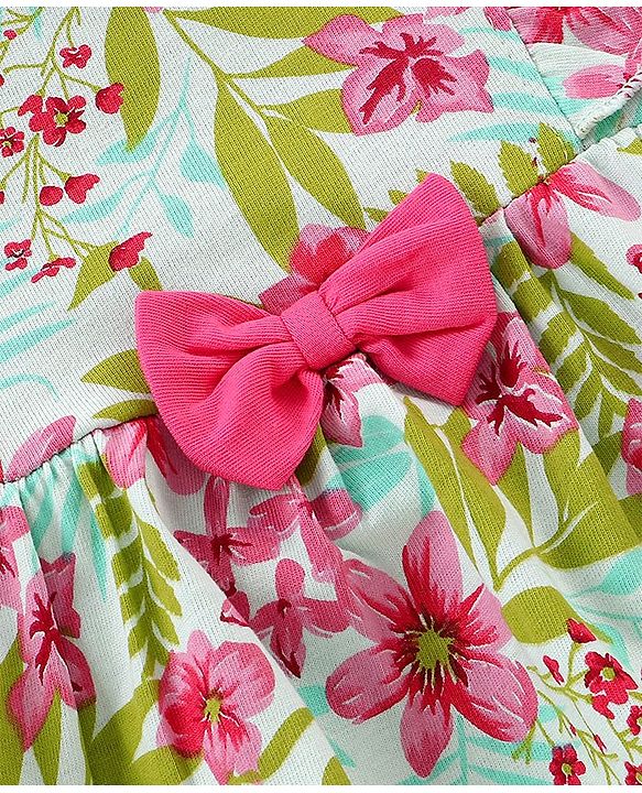 Babyhug 100% Cotton Knit Frock With Bow Applique & Floral Print - Mint