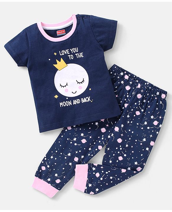 Babyhug Cotton Knit Half Sleeves Night Suit Moon Print - Navy Blue