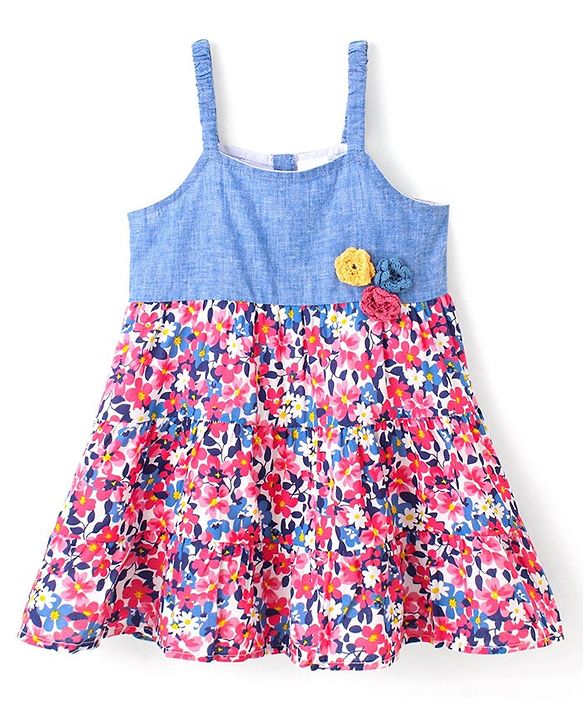 Babyhug 100% Cotton Sleeveless Frock With Floral Corsage & Print - Blue & Red