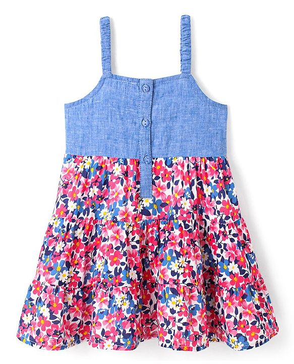 Babyhug 100% Cotton Sleeveless Frock With Floral Corsage & Print - Blue & Red