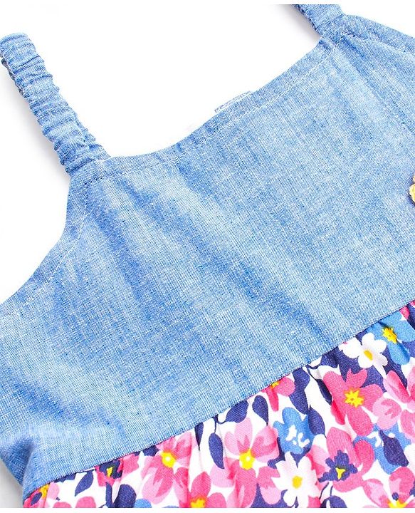 Babyhug 100% Cotton Sleeveless Frock With Floral Corsage & Print - Blue & Red
