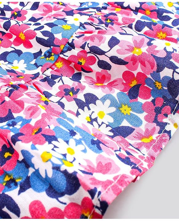 Babyhug 100% Cotton Sleeveless Frock With Floral Corsage & Print - Blue & Red