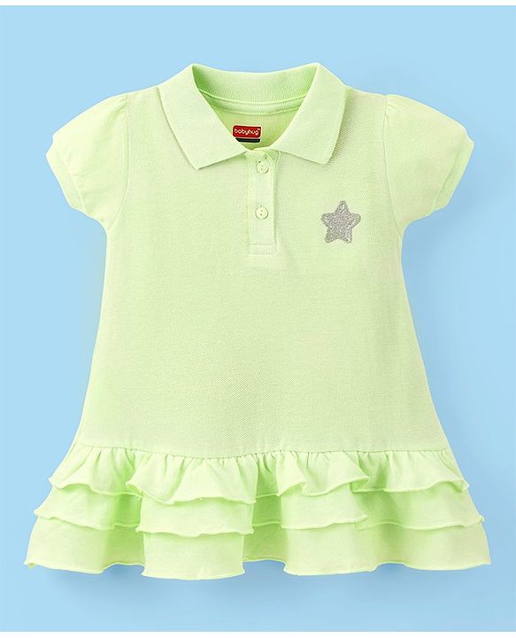 Babyhug 100% Cotton Knit Half Sleeves Frock Solid Colour - Green